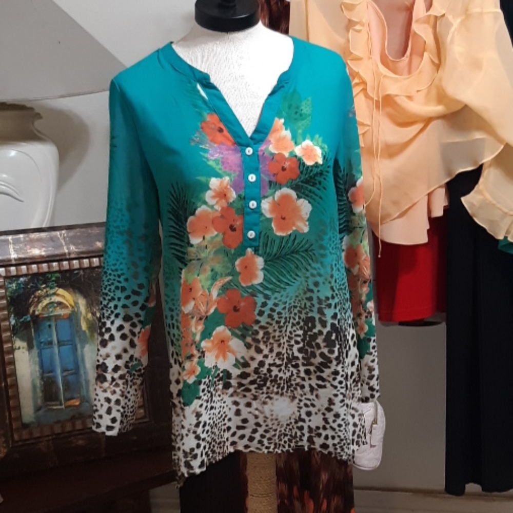 Womens sheer long sleeve shirt Blouse sz S floral print SOFT SURROUNDINGS